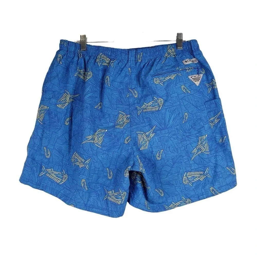 Columbia Omni-Shade Men’s Swim Trunks Blue Size XL Geometric Fish PFG Pockets